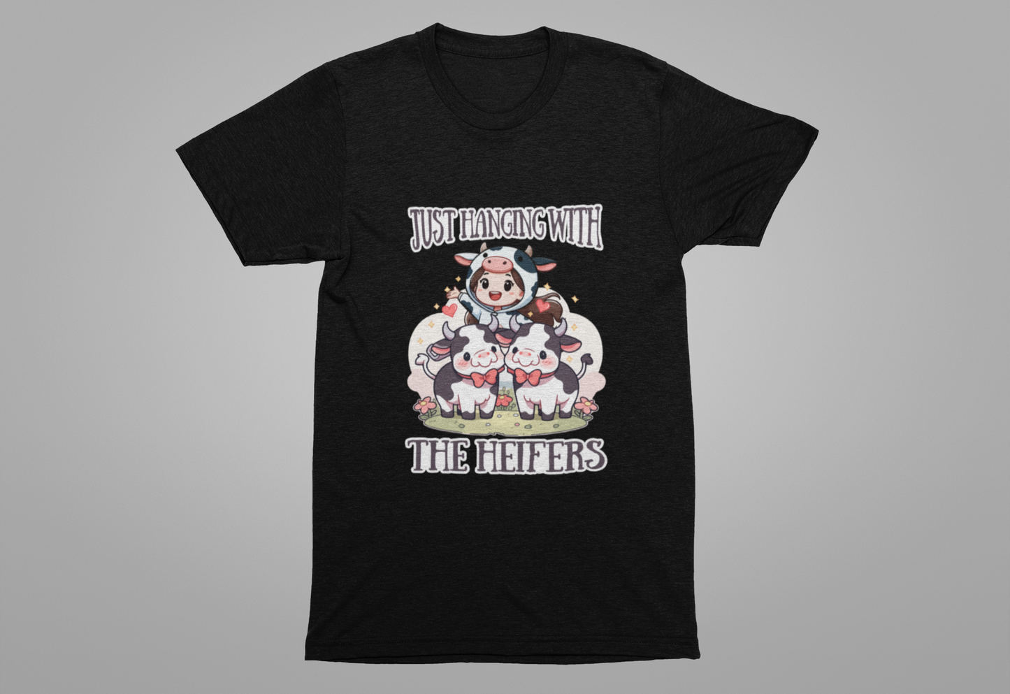Just Hanging With the Heifers T Shirt – Kid Dressed as Cow with Two Hugging Cows