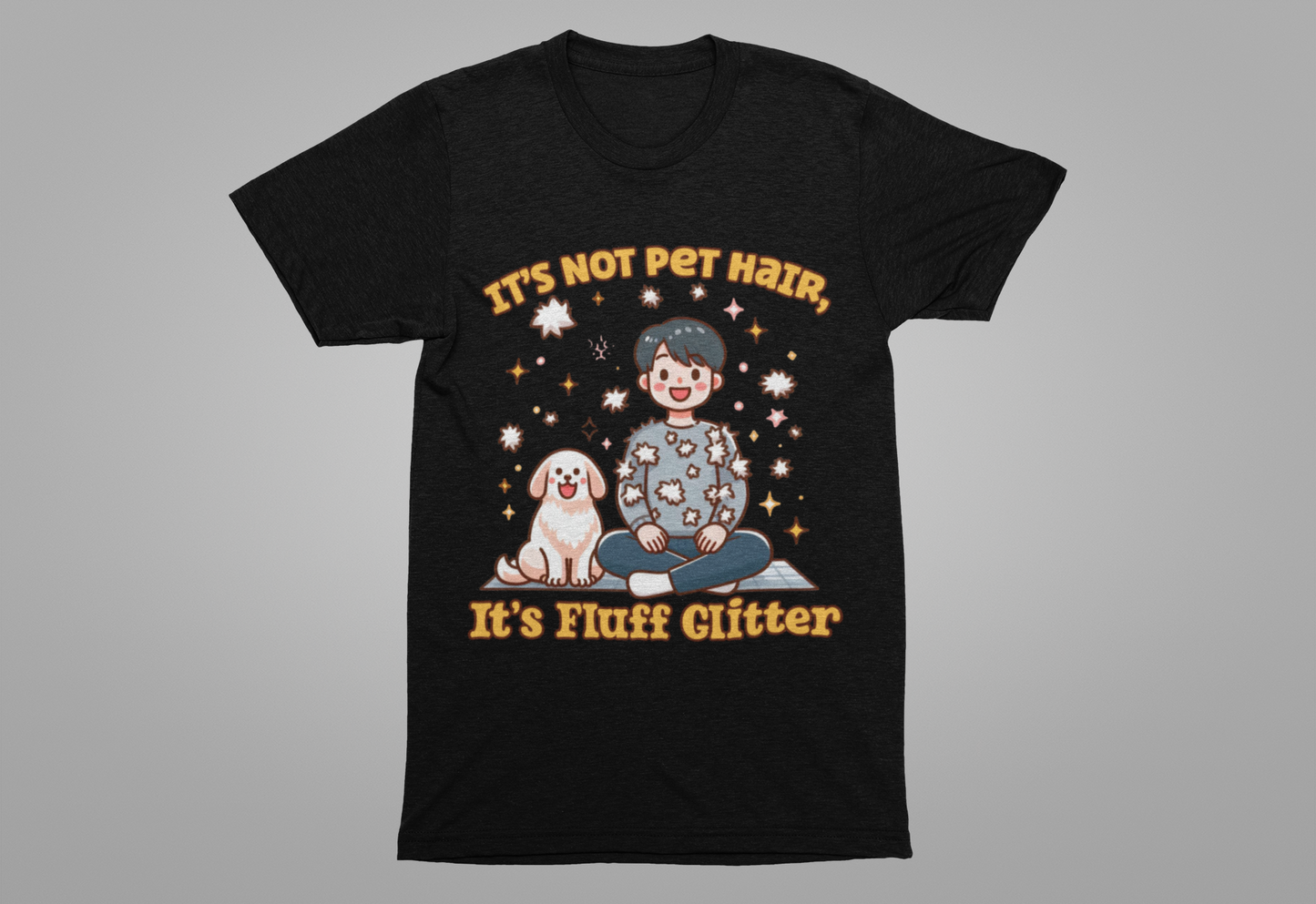 It's Not Pet Hair, It's Fluff Glitter | Smiling Puppy and Boy with Flying Hair & Glitter T-Shirt