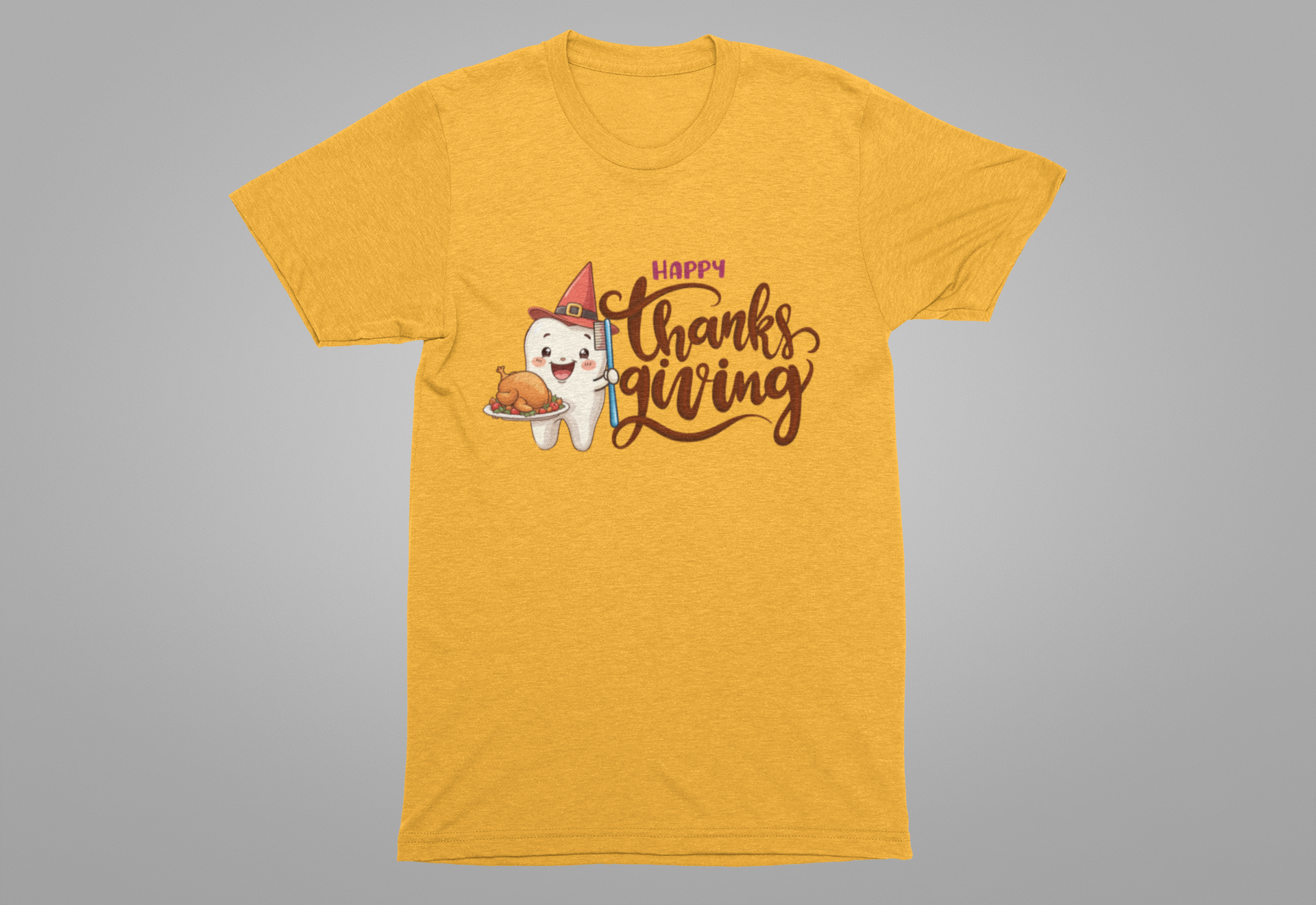 Happy Thanksgiving Dental T Shirt Smiling Tooth with Turkey Plate, Toothbrush, and a Cap