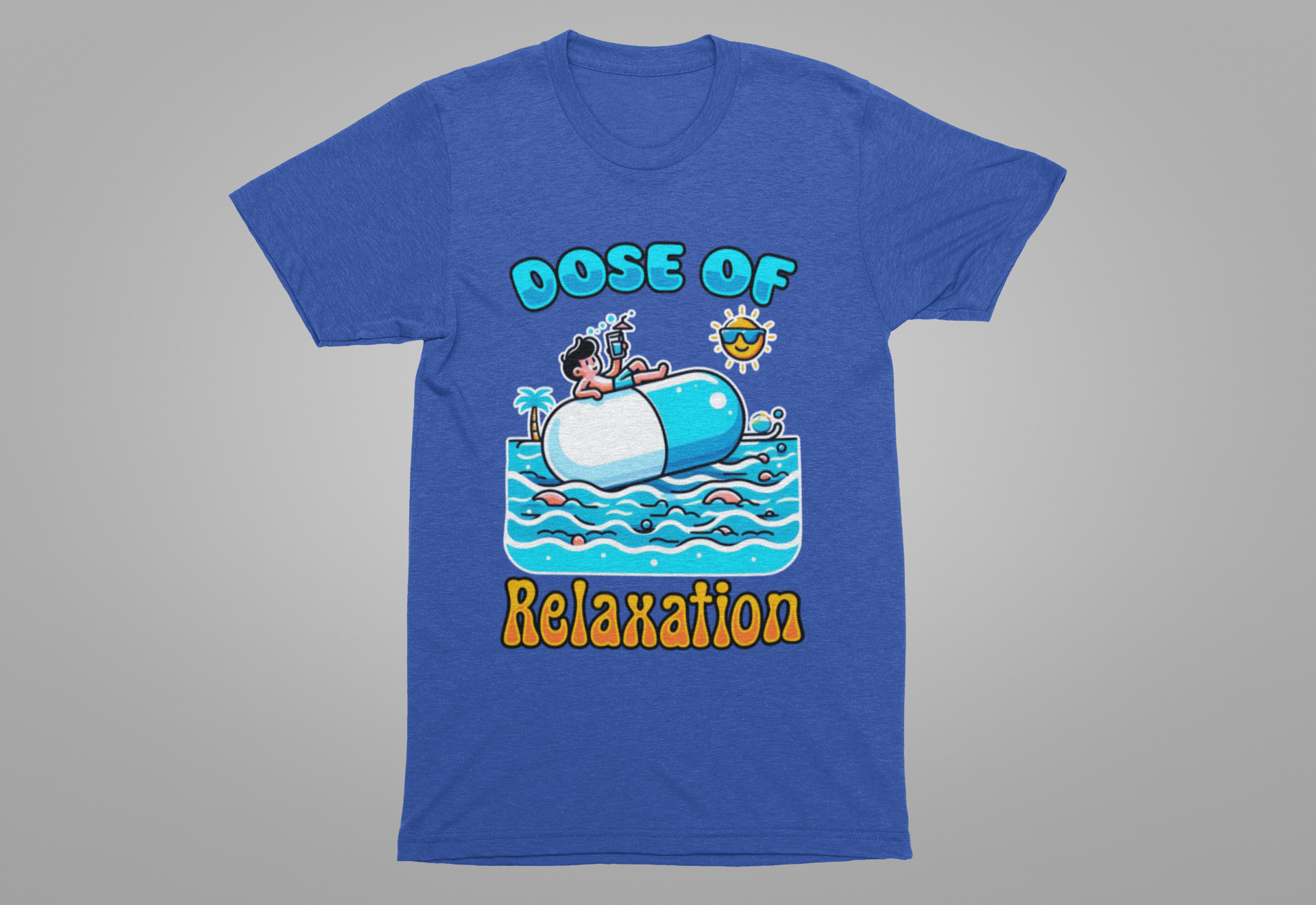 Dose of Relaxation | Boy Sitting on Pill Floating on Water with Drink, Sun & Palm Tree Graphic T-Shirt