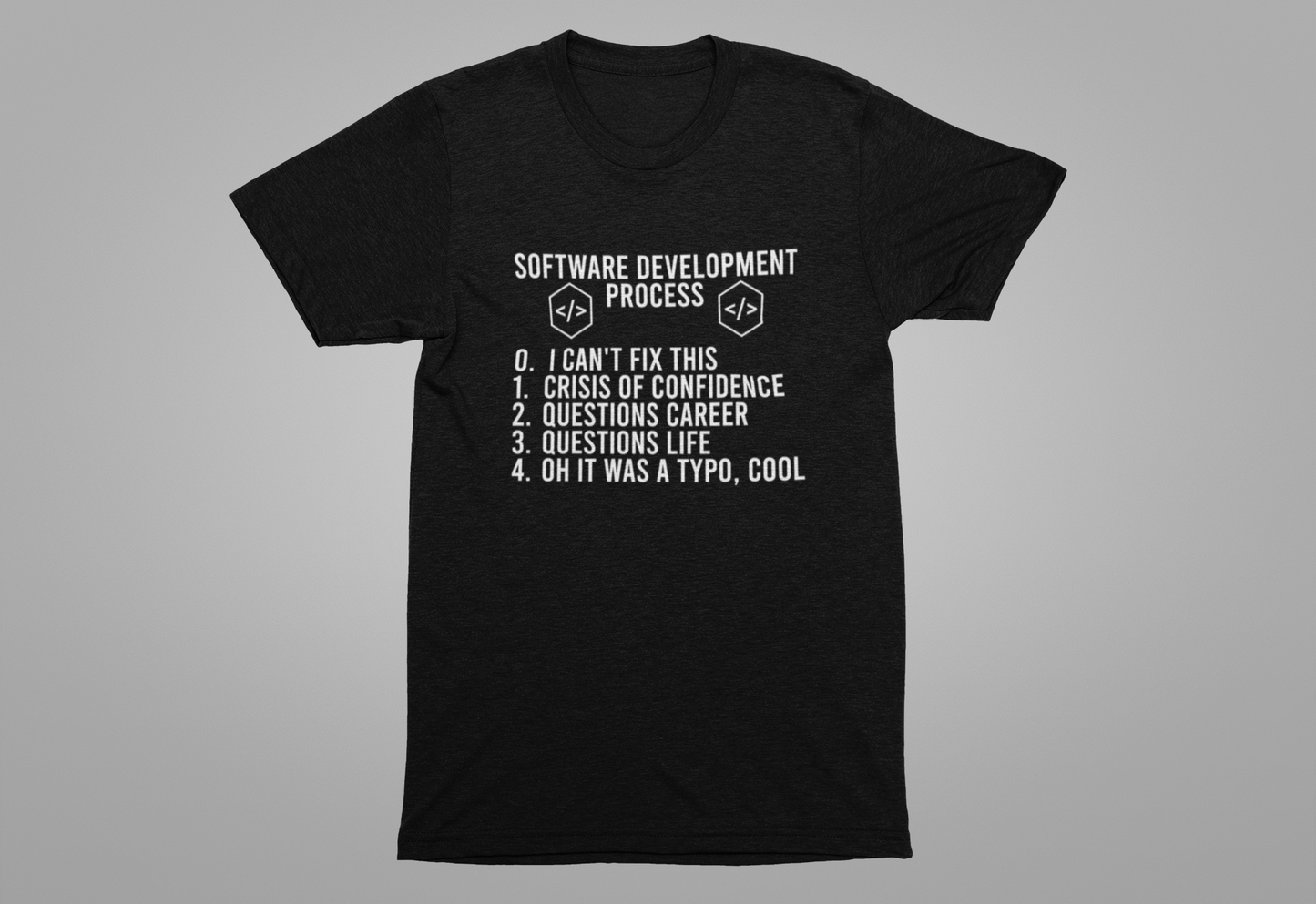 Software Engineering Humor Tee – Programmer Crisis Life Cycle