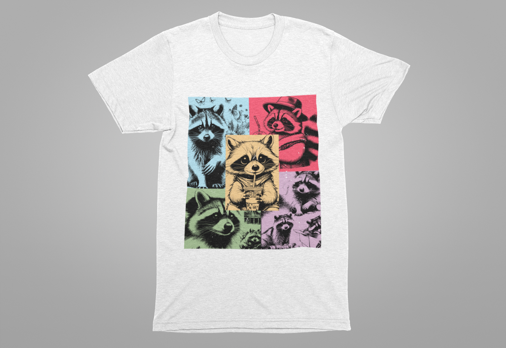 Colorful Raccoons T-Shirt – Playful Multi-Color Raccoons with Sipping Raccoon Graphic