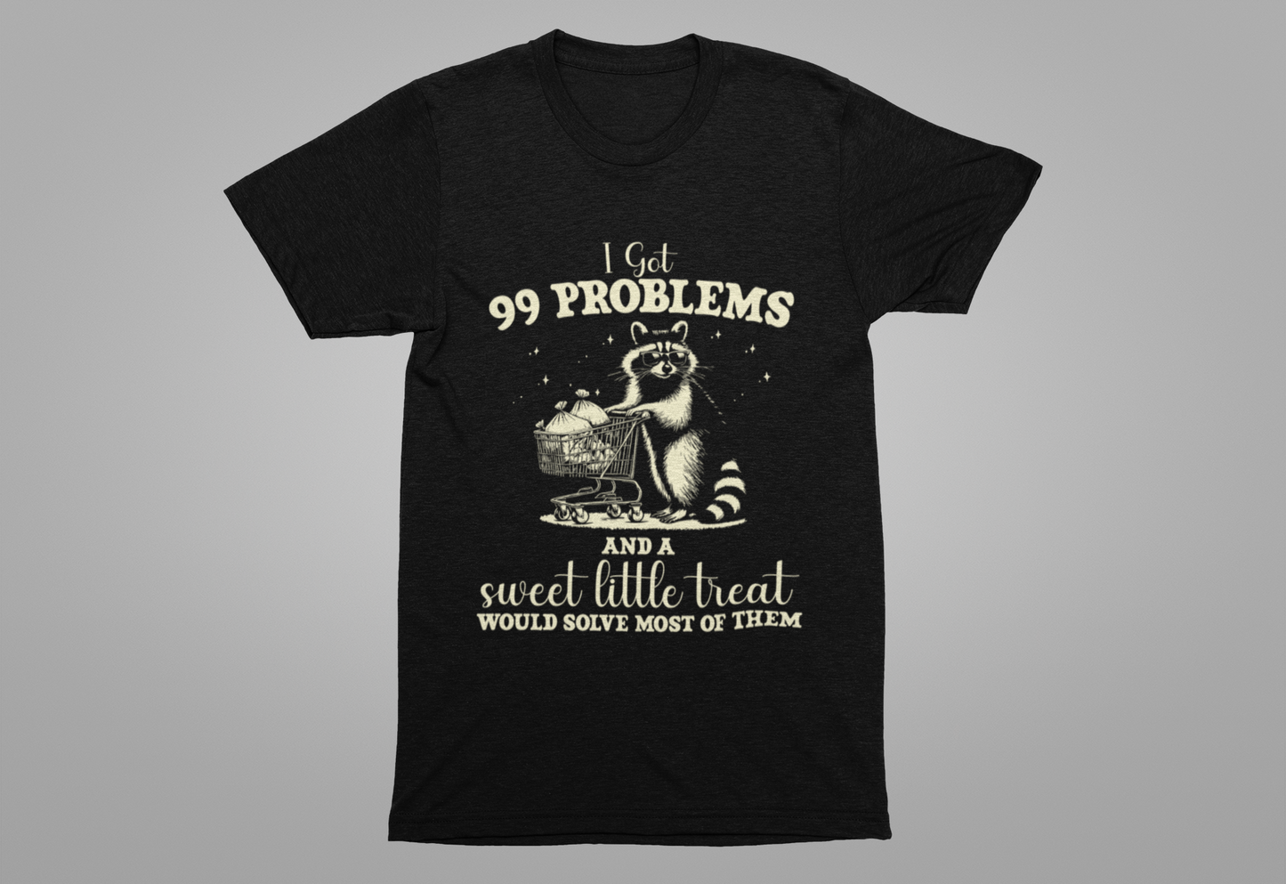 Raccoon with Sunglasses T-Shirt – Funny Shopping Cart & Cash Bags Graphic Tee