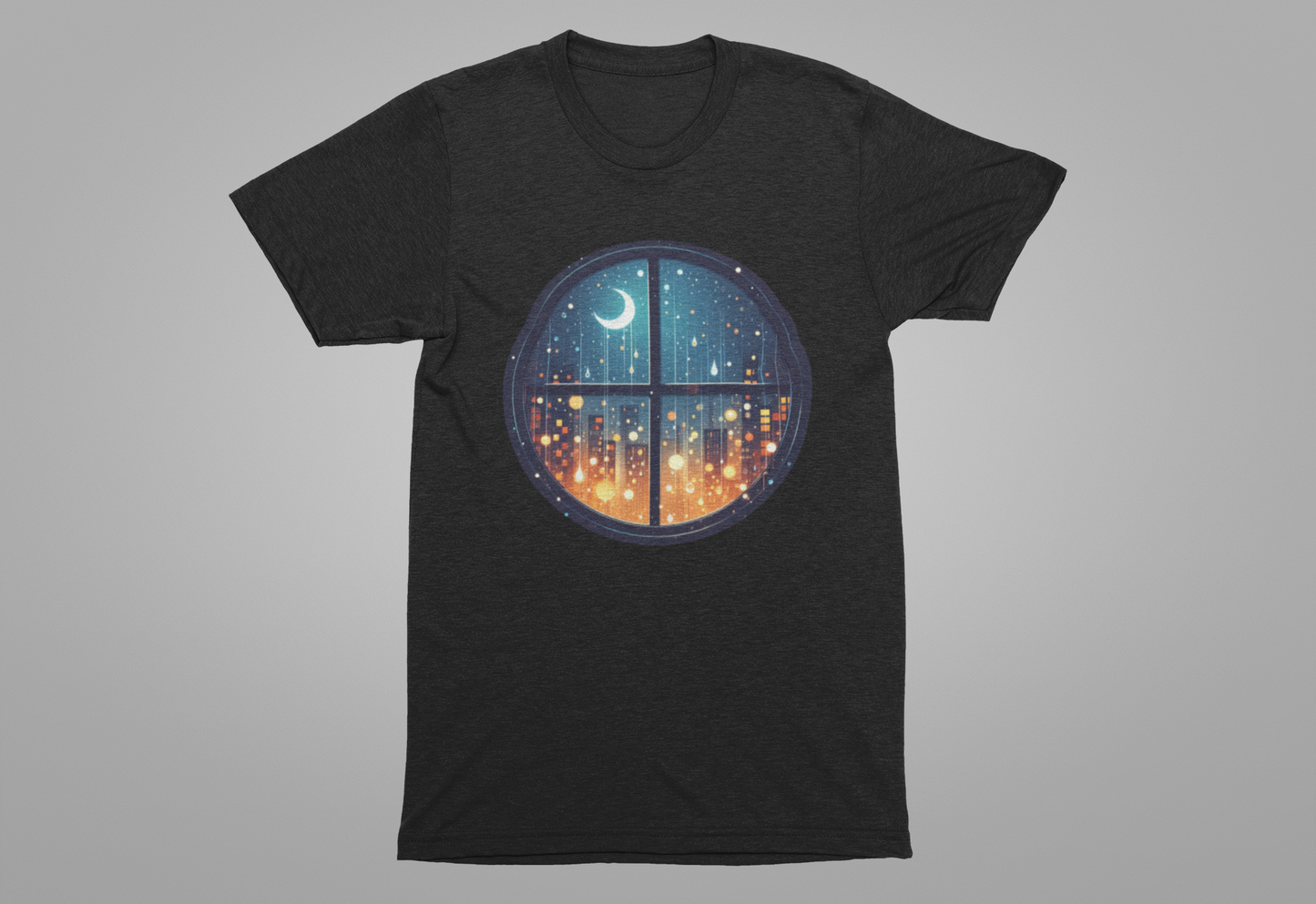 Dreaming Under Drizzles – Crescent Moon & Rainy Night in a City Window Graphic T-Shirt