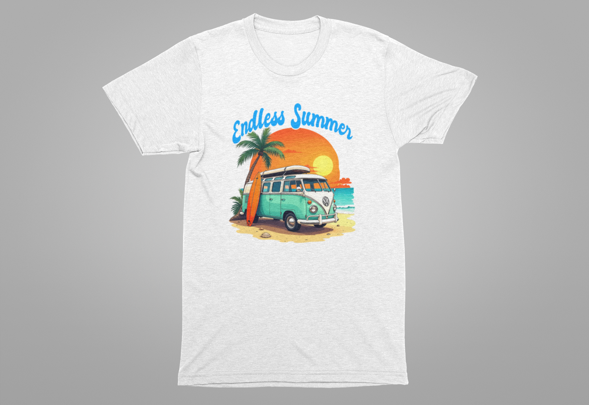 Endless Summer Beach Van with Surfboard and Palm Tree Sunset Graphic T-Shirt