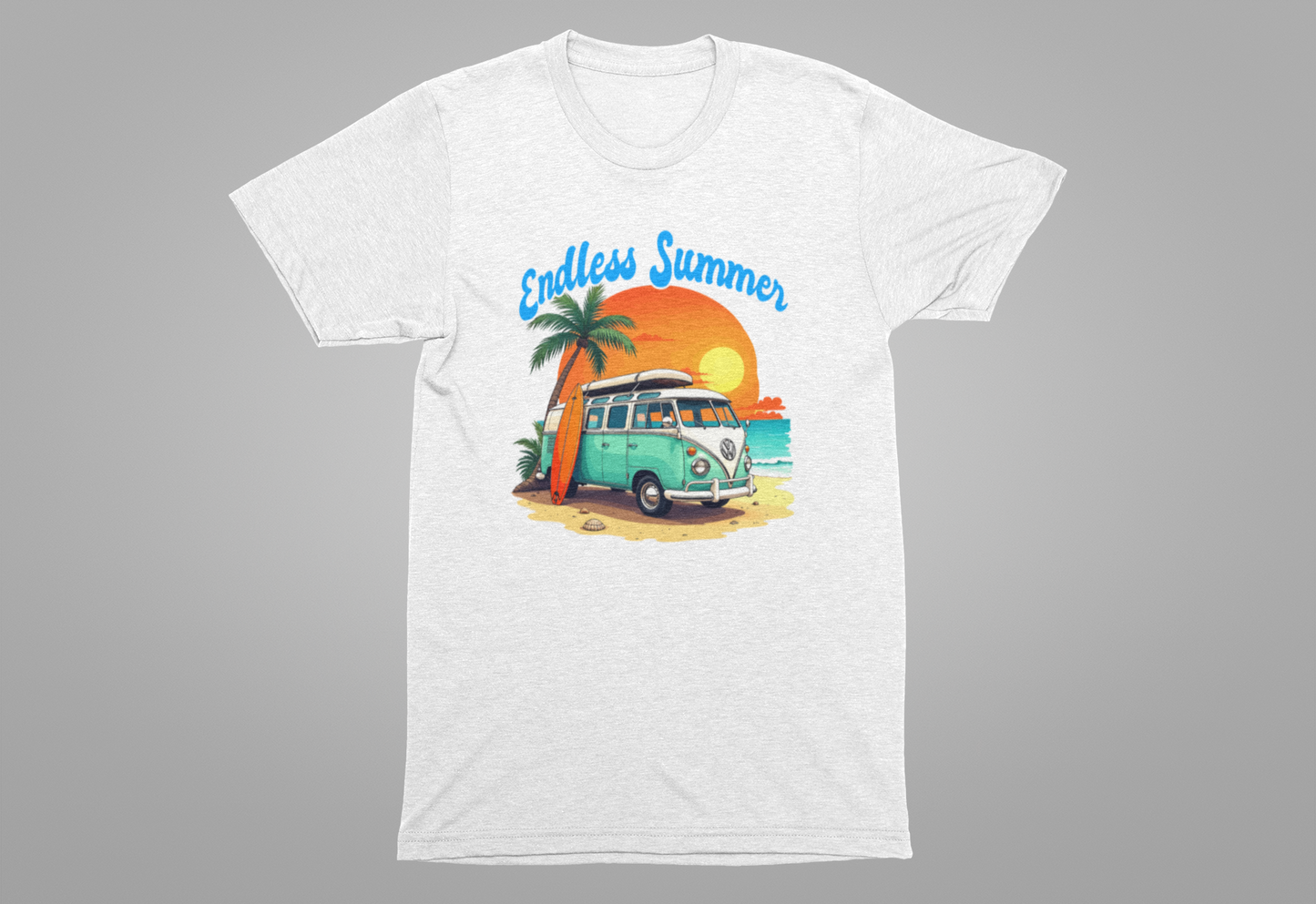 Endless Summer Beach Van with Surfboard and Palm Tree Sunset Graphic T-Shirt