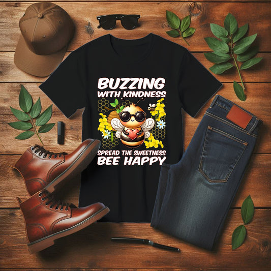 Buzzing with Kindness, Spread the Sweetness, Be Happy | Large Bee & Flowers Graphic T-Shirt
