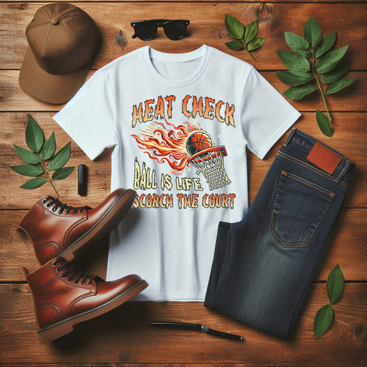 Heat Check Basketball Flames On Fire Scorch the Court Sports T-Shirt