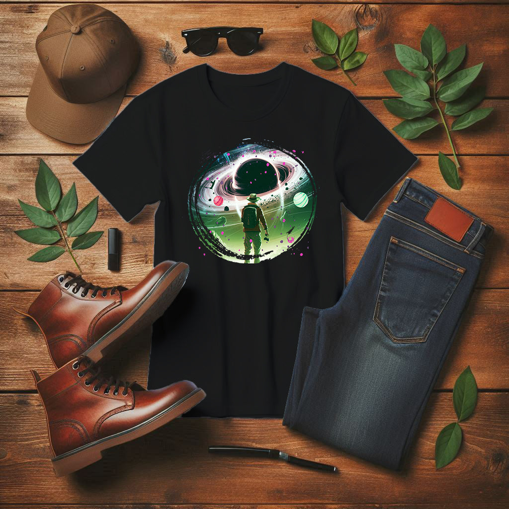 Shocked Traveler & Dramatic Planets | Backpacker Gazing at Planets Graphic T-Shirt
