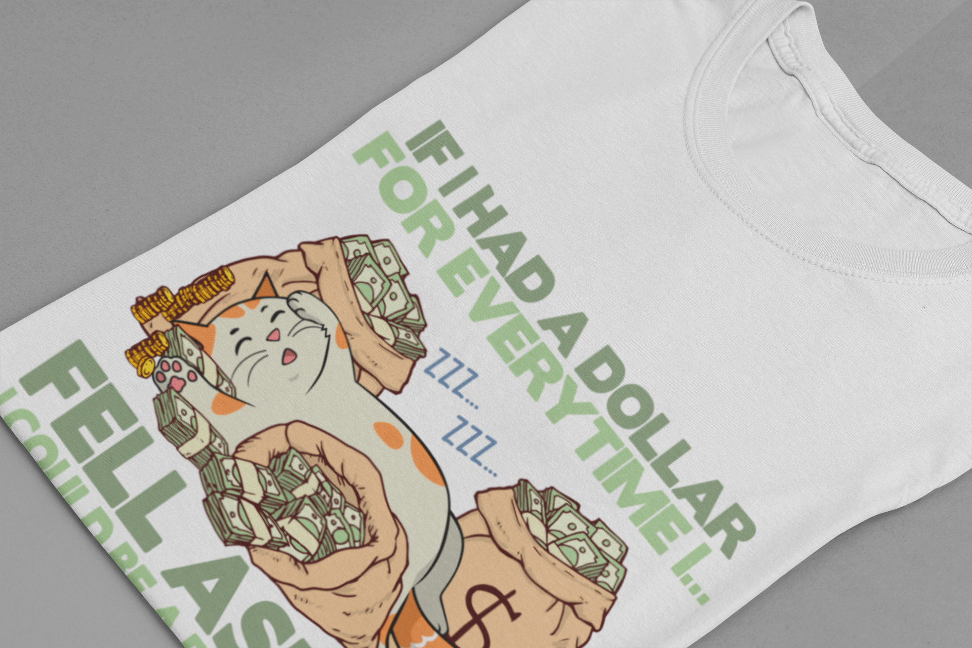 Dollar For Every Time I Fell Asleep I Could Be A Billionaire T-Shirt – Cat Sleeping On Bags Of Cash Graphic Tee