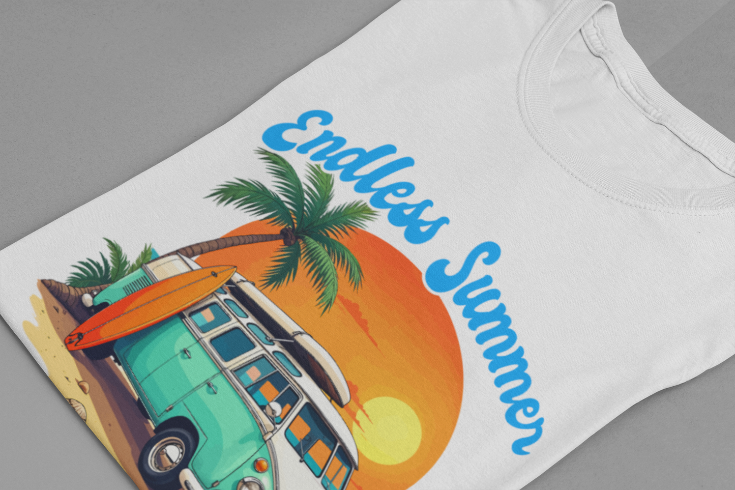 Endless Summer Beach Van with Surfboard and Palm Tree Sunset Graphic T-Shirt