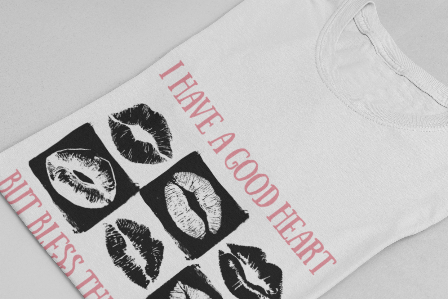 I Have a Good Heart But Bless This Mouth T Shirt – Six Black & White Lip Print