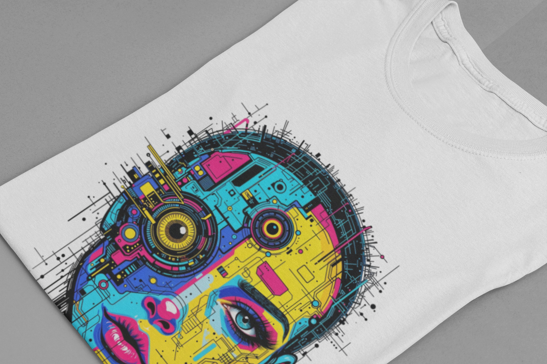 Third Eye Glitch – Robotic Woman with Circuit Face and Three Eyes Graphic T-Shirt