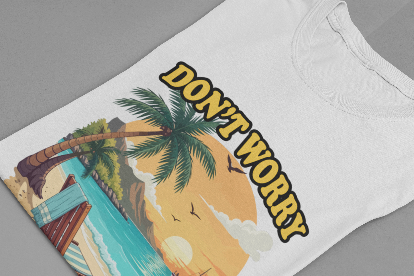 Don’t Worry Be Happy T-Shirt – Retro Beach Sunset Graphic Tee