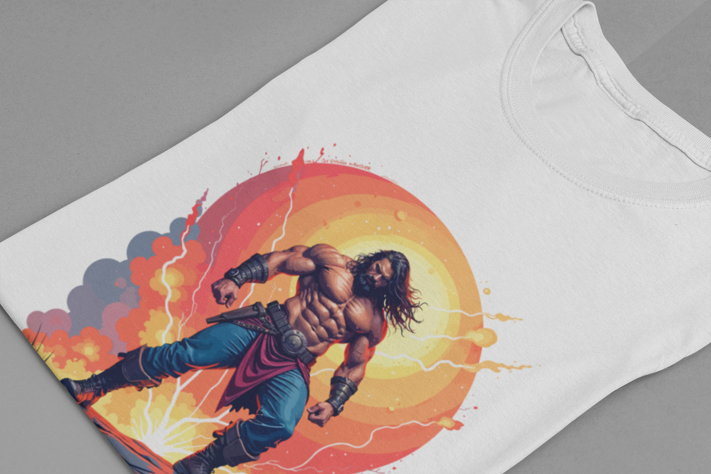 Power Unleashed – Strong Man on Rock with Lightning, Smoke & Fire Splash Graphic T-Shirt