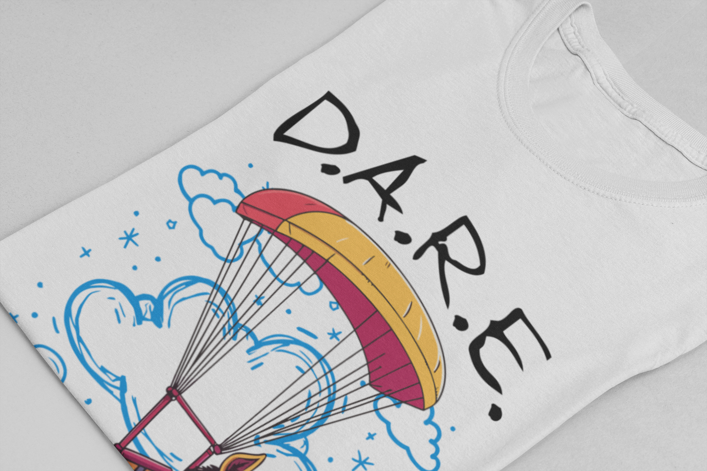 Dare to Be Stupid Tshirt – Stressed Donkey Parachuting with Clouds