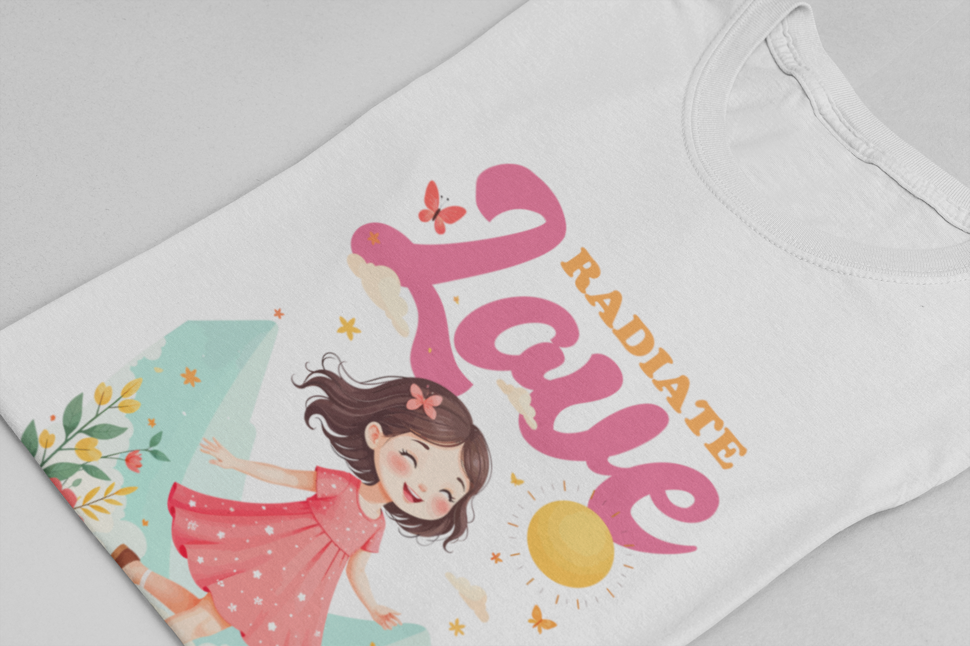 Radiate LOVE Everywhere – Happy Girl Walking in Flower Garden with Butterflies Graphic T-Shirt