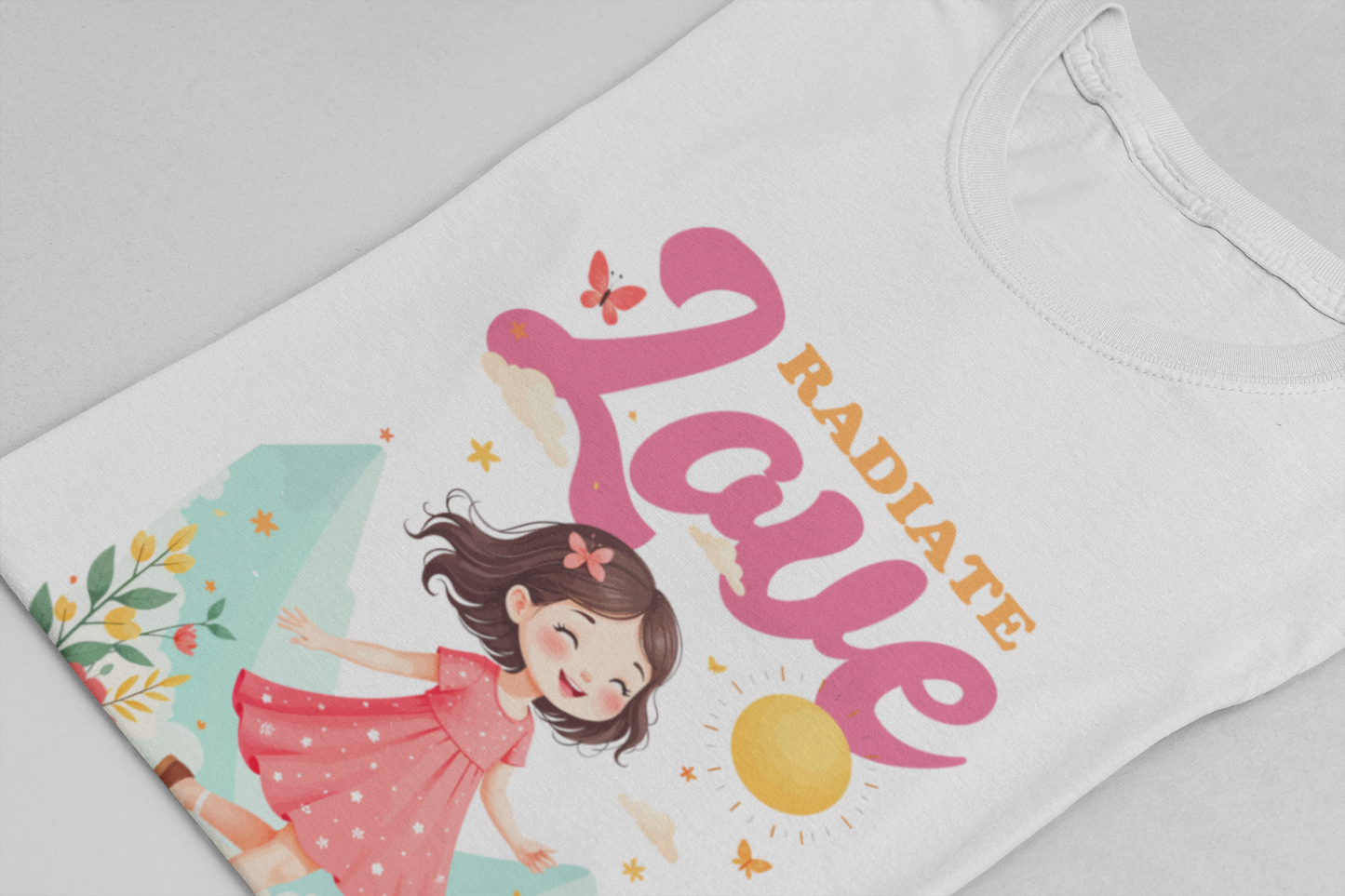 Radiate LOVE Everywhere – Happy Girl Walking in Flower Garden with Butterflies Graphic T-Shirt