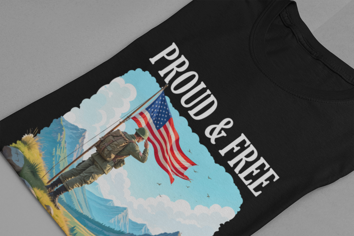 Proud and Free | Patriotic US Flag & Soldier Salute T-Shirt