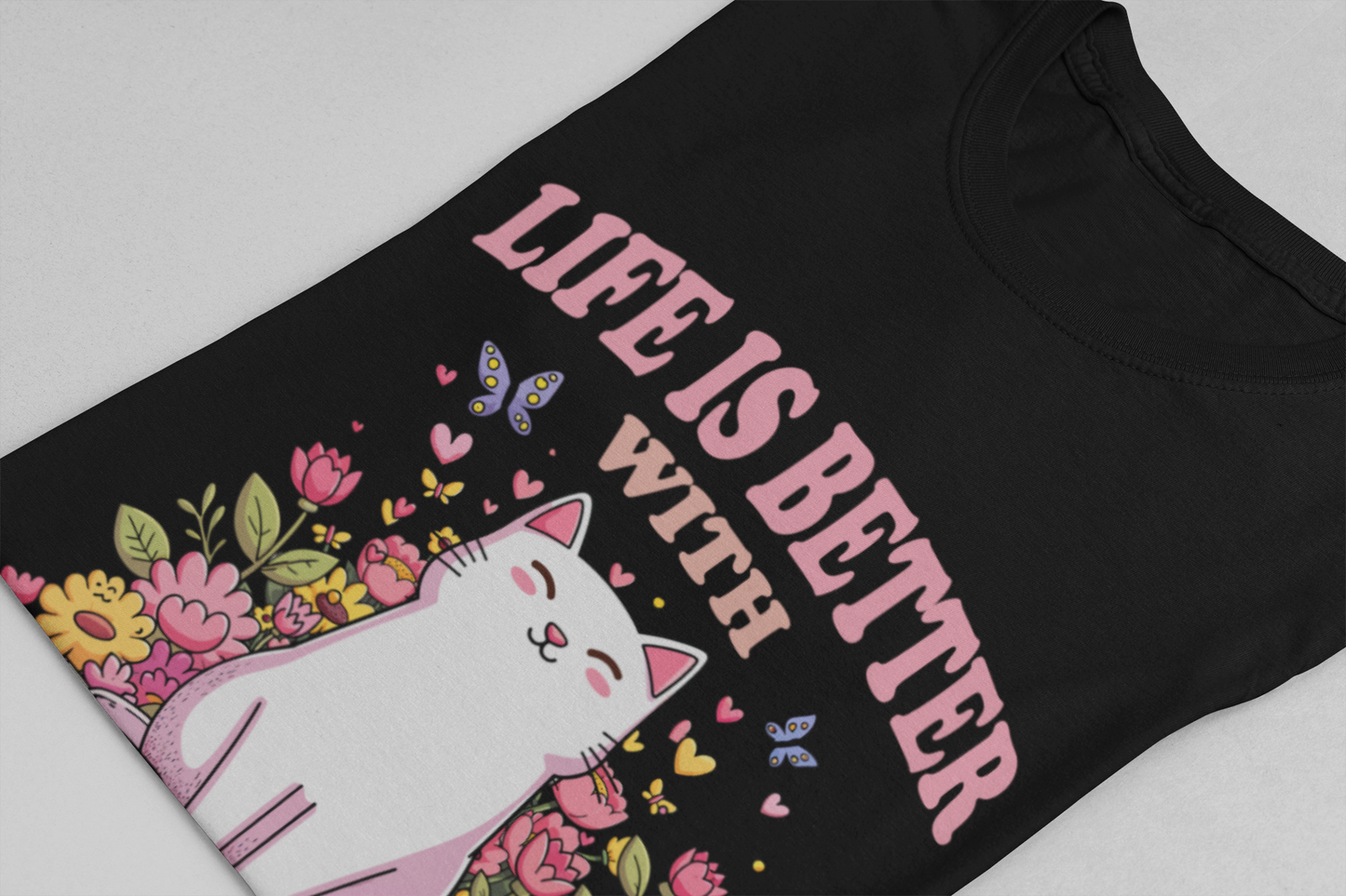 Life Is Better With Cat And Books Tshirt Cat Sitting on Open Book Flower Graphic