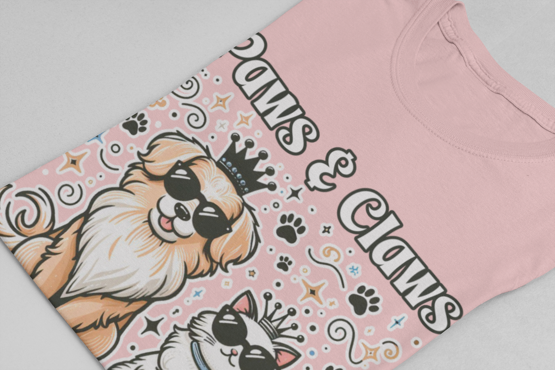 Paws and Claws Rule the House | Smiling Dog & Cat with Paw Shapes T-Shirt