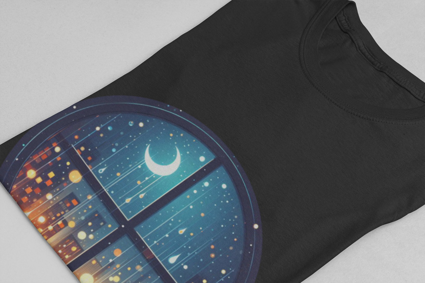 Dreaming Under Drizzles – Crescent Moon & Rainy Night in a City Window Graphic T-Shirt