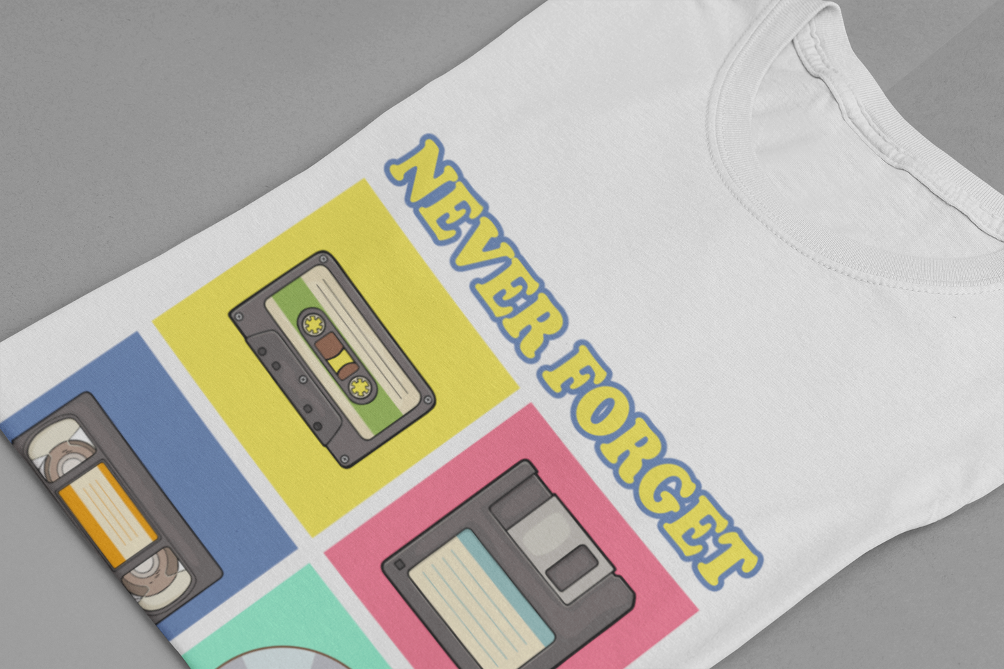 Never Forget Retro Media Tshirt Floppy Disk Cassette Tape Recorder CD Graphic