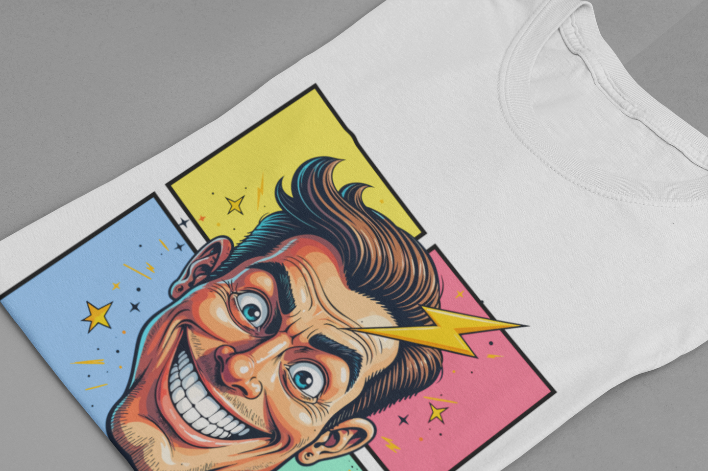 Funny Man’s Face with Lightning Forehead and Colorful Quadrant Stars Emotions Graphic T-Shirt