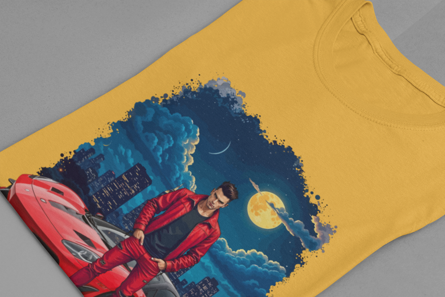 SIGMA MALE – Man in Red Jacket with Racing Car and Full Moon Graphic T-Shirt