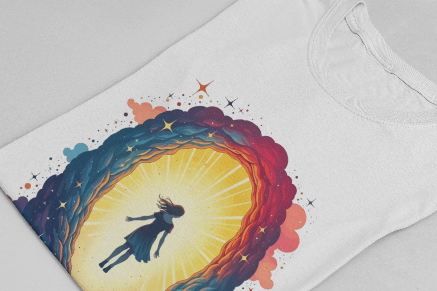 Interdimensional Chill – Floating Woman in Cosmic Portal Graphic T-Shirt