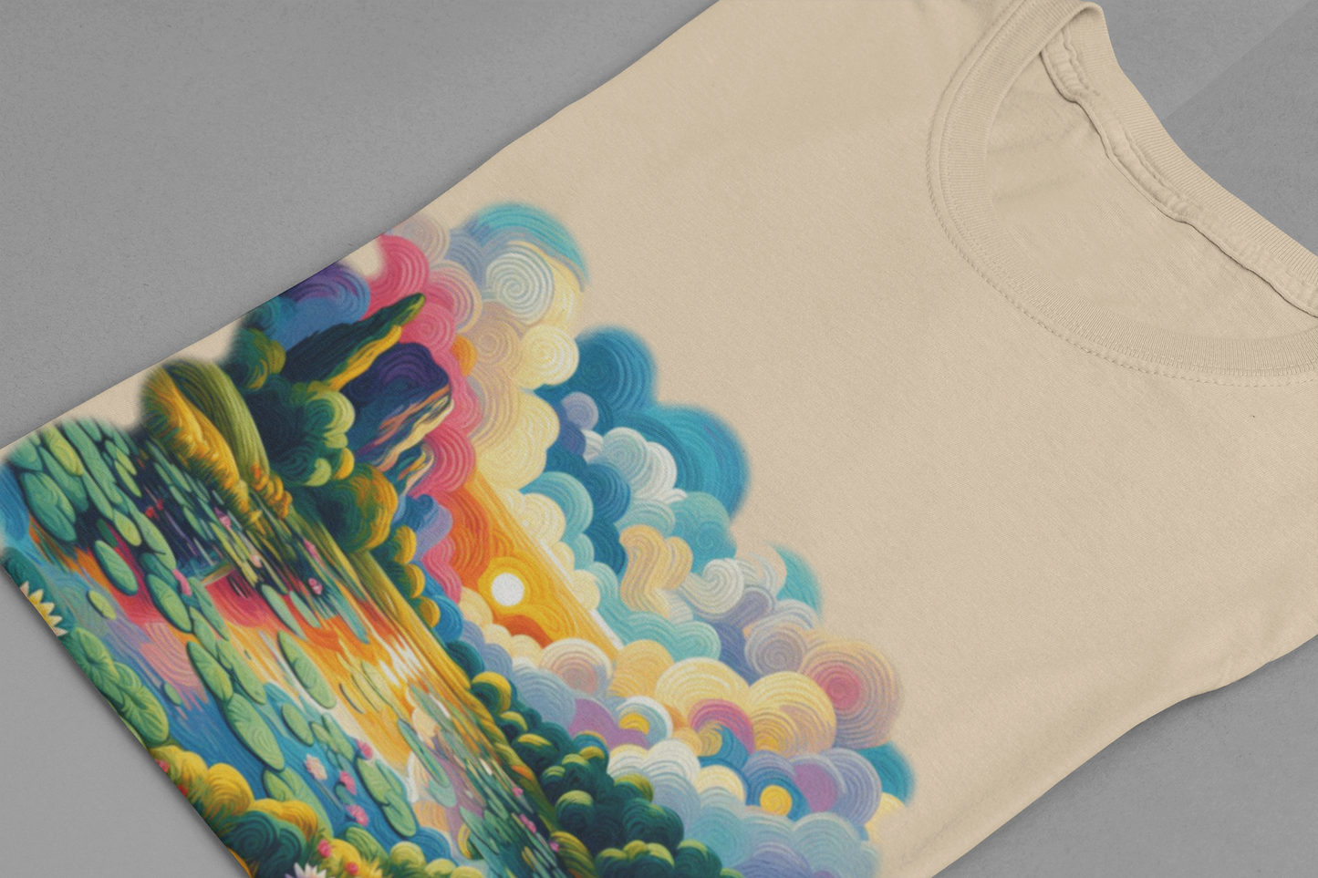 Impressionist Seeing the World Through Color Tshirt – Colorful Lotus Pond with Sunset Graphic