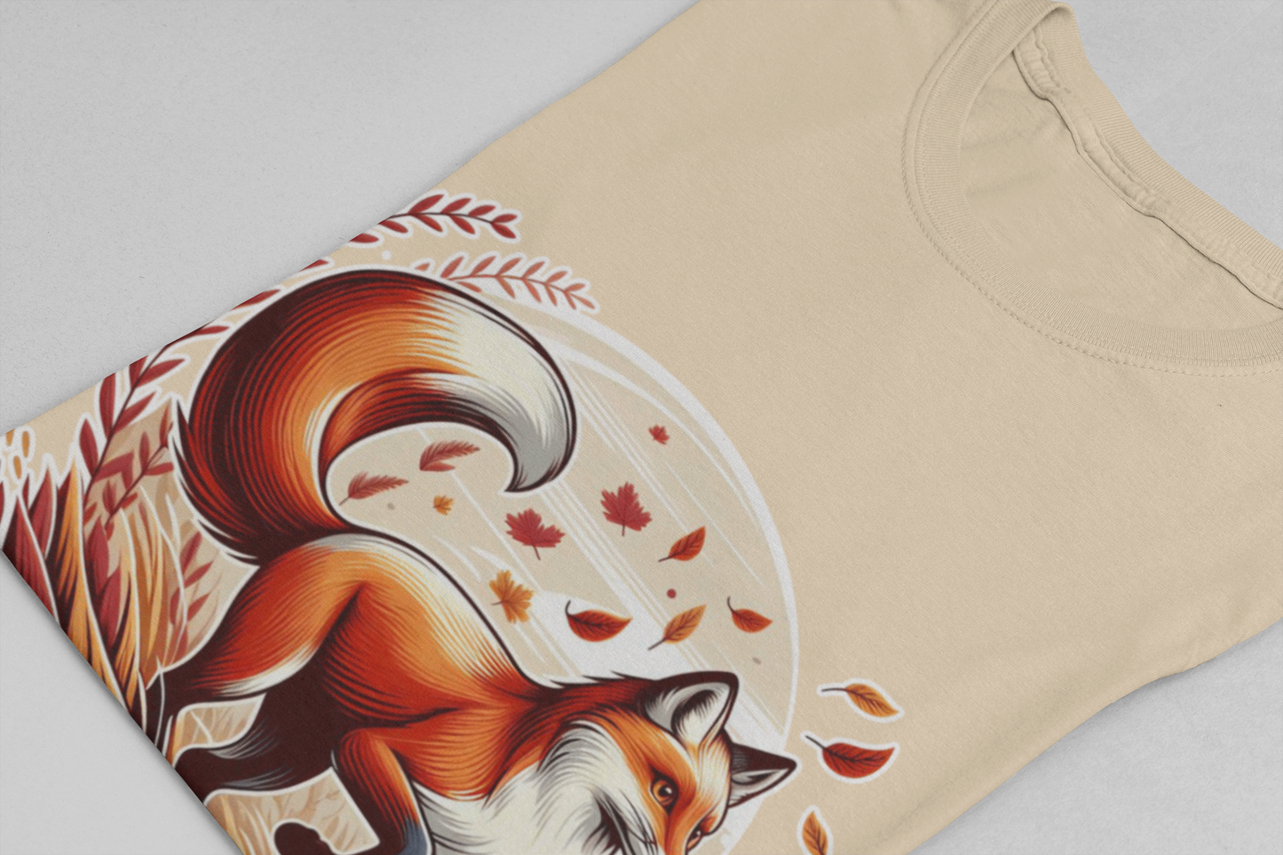 Grace and Agility - Elegant Fox Leaping in Grain Field with Flying Leaves Graphic T-Shirt