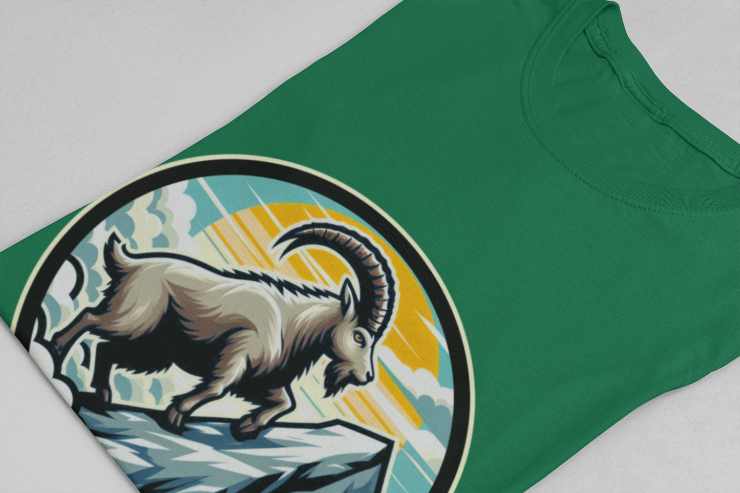 Majestic Mountain Goat on Summit with Sun and Clouds Graphic T-Shirt
