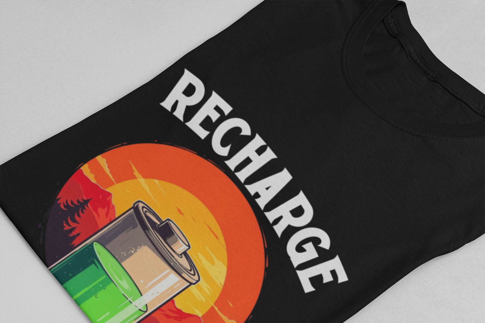 Recharge and Rise T-Shirt – Motivational Battery and Sunrise Graphic Tee
