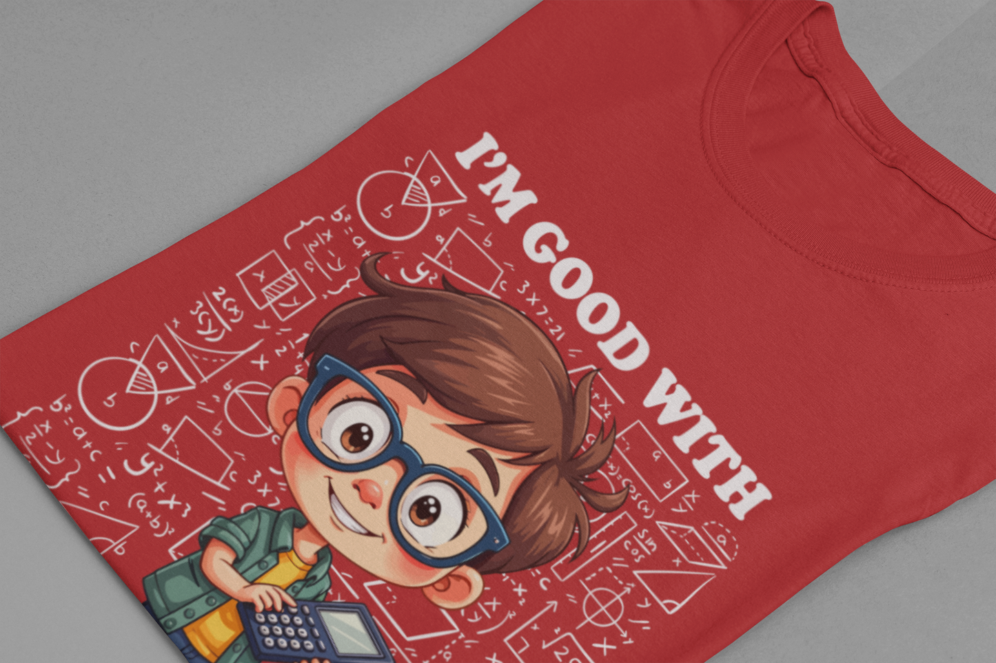 I'm Good with Math Formulas Tshirt – Happy Boy with Calculator and Math Diagrams
