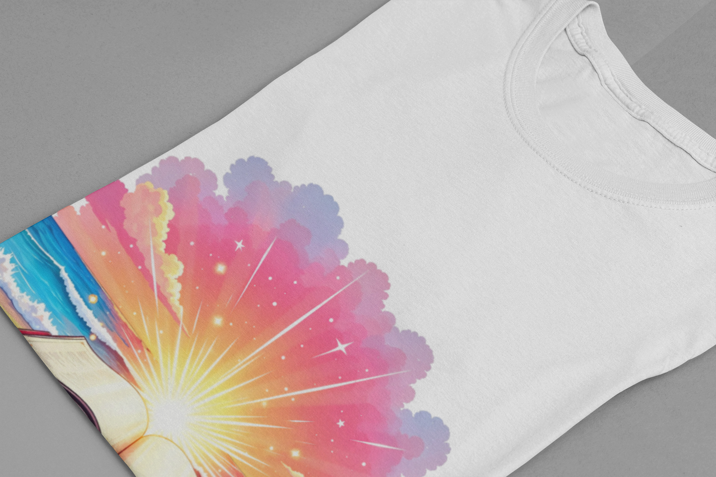 Magical Open Book on Beach with Radiant Flashlight Graphic T-Shirt