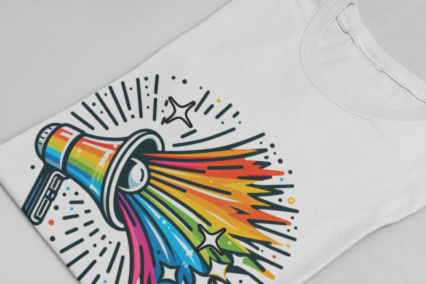 Proud & Loud – Colorful Handheld Speaker with Exploding Stars Graphic T-Shirt