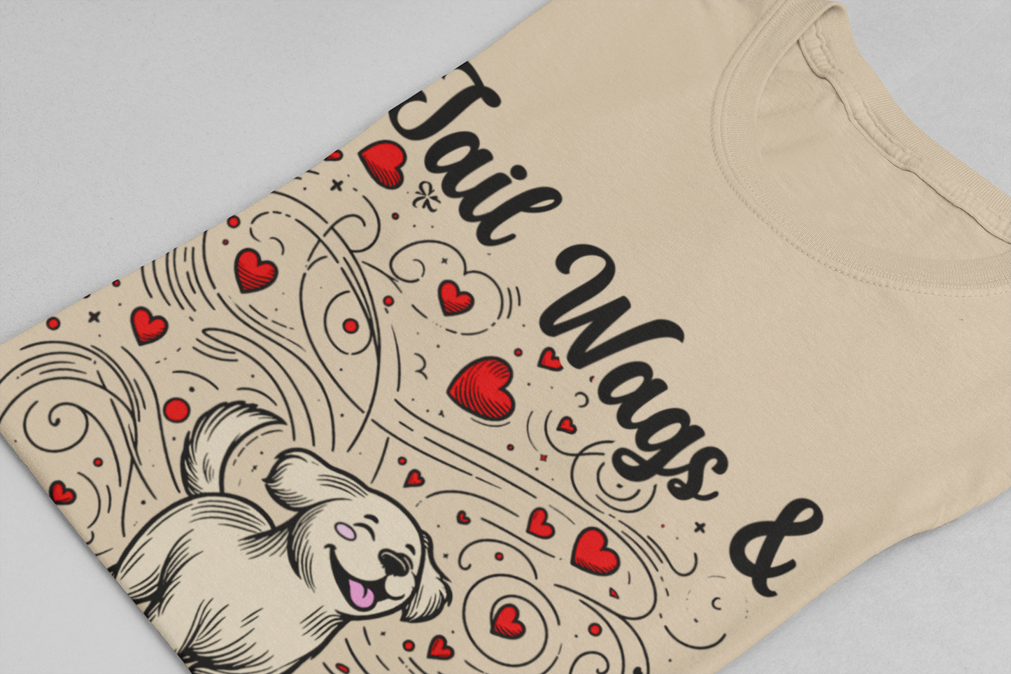 Tail Wags Happy Hearts | Smiling Puppy Walking with Flying Heart Emotions T-Shirt