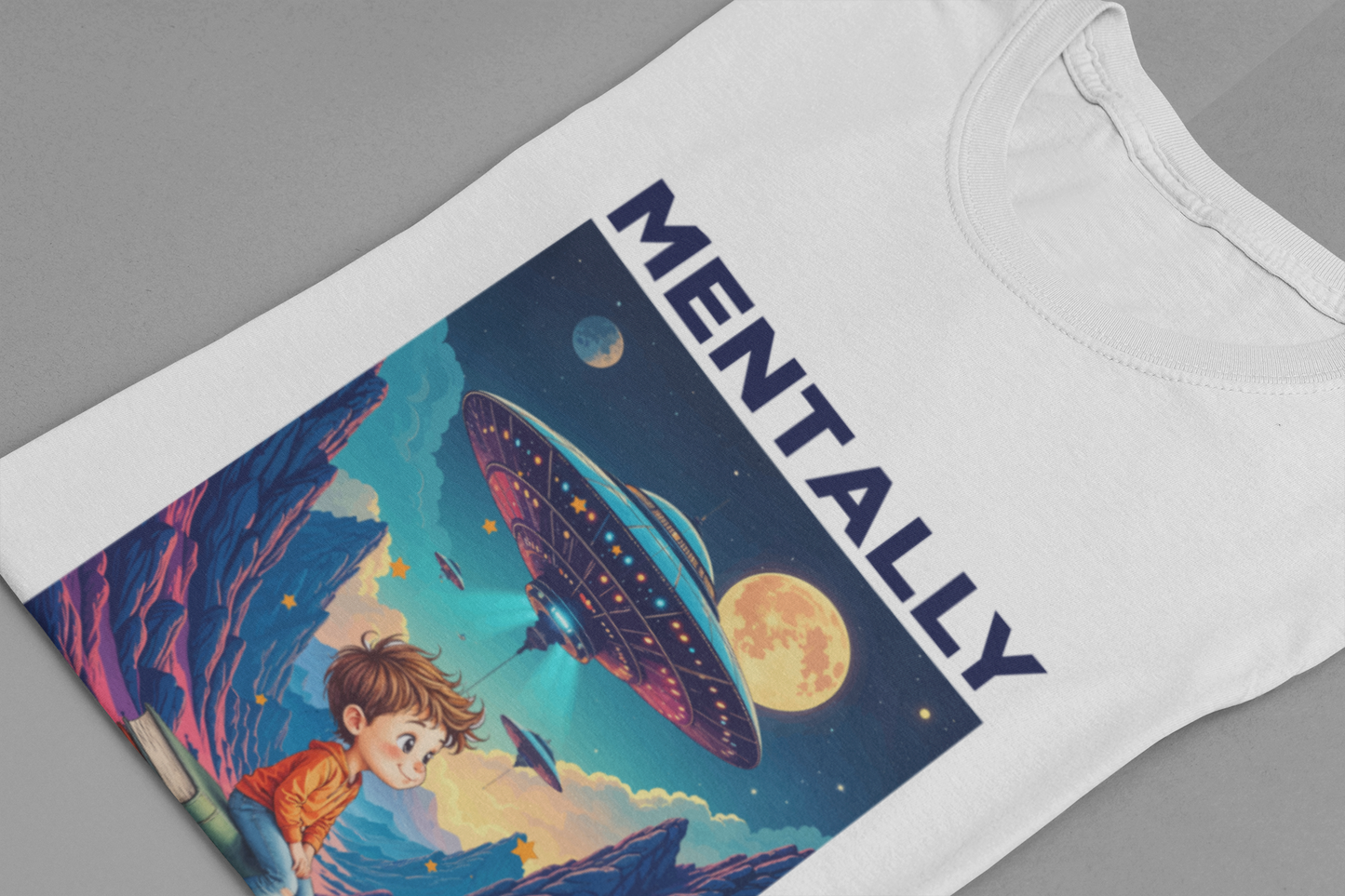 Mentally Somewhere Else – Boy on Books with Space Scene Graphic T-Shirt