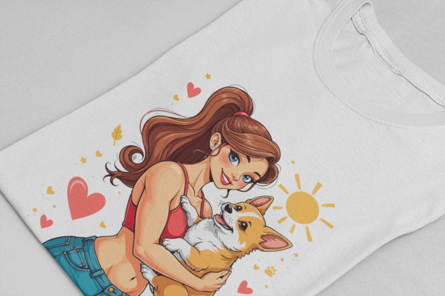 Proud Fur Mom – Happy Woman Hugging Puppy with Hearts and Sunshine Graphic T-Shirt