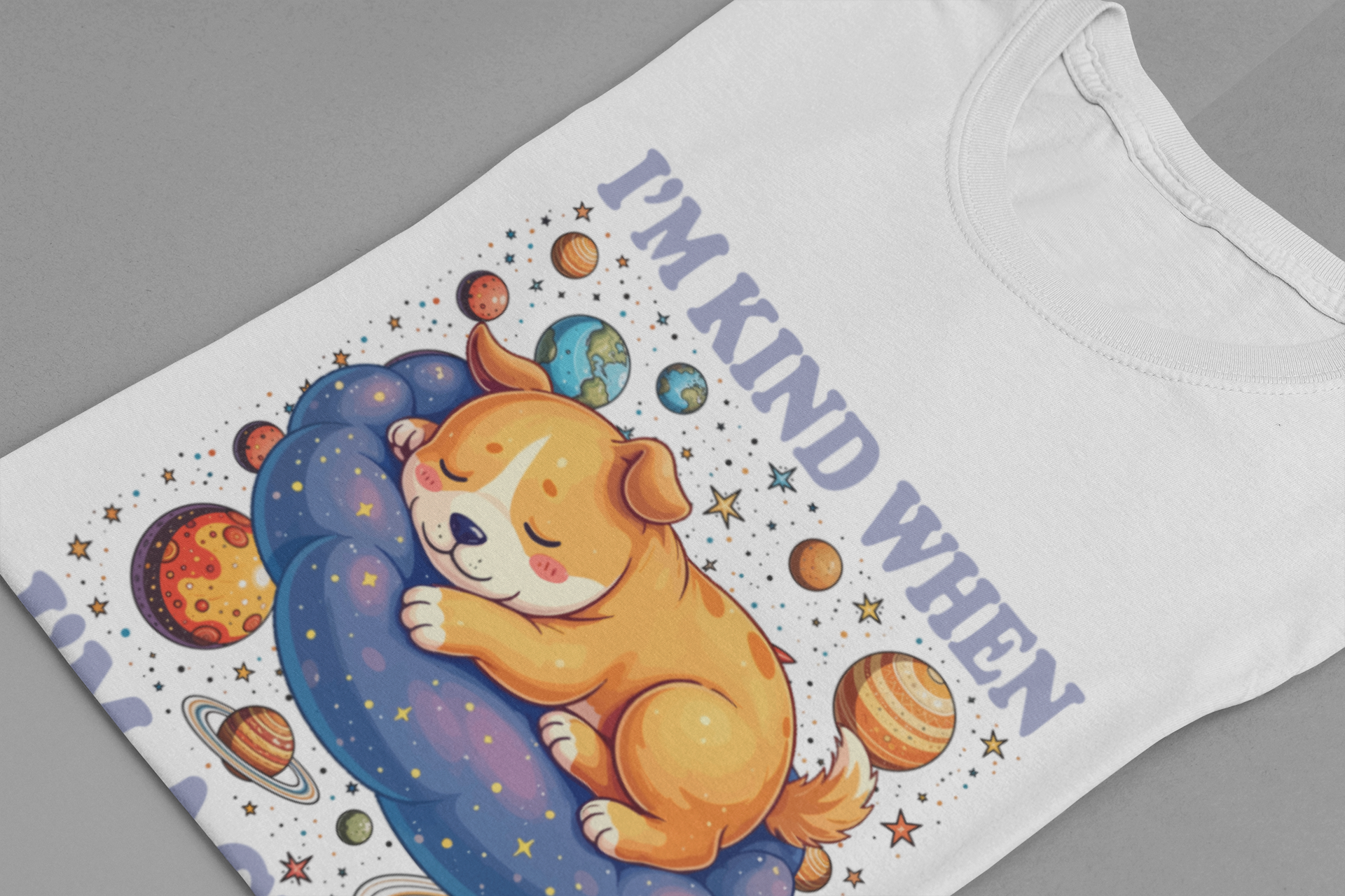 I'm Kind When I'm Asleep – Sleeping Puppy on Cloud with Dreamy Planets & Stars Graphic T-Shirt