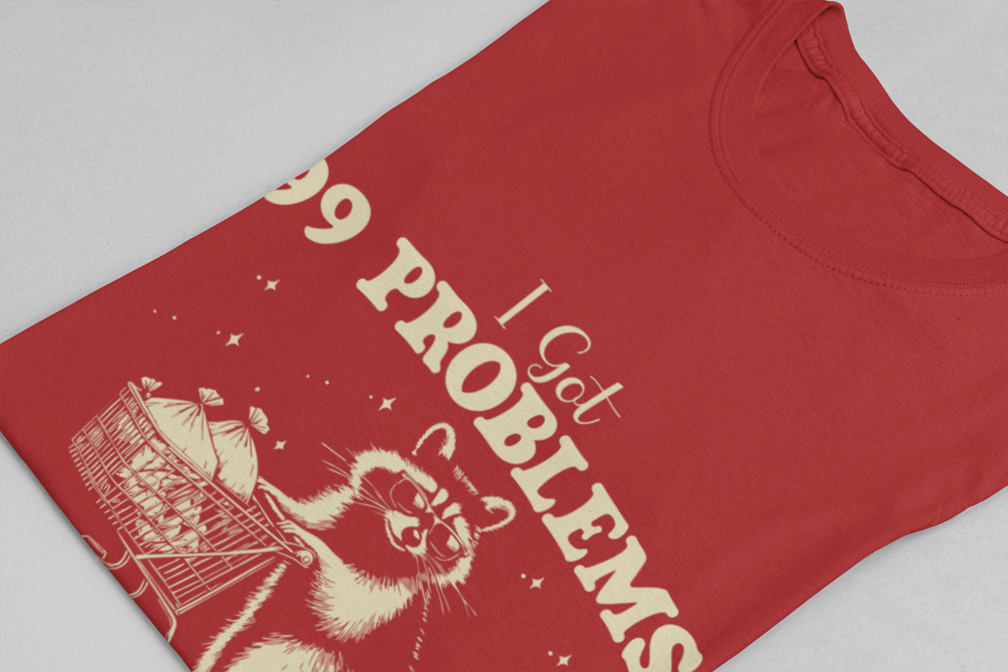 Raccoon with Sunglasses T-Shirt – Funny Shopping Cart & Cash Bags Graphic Tee