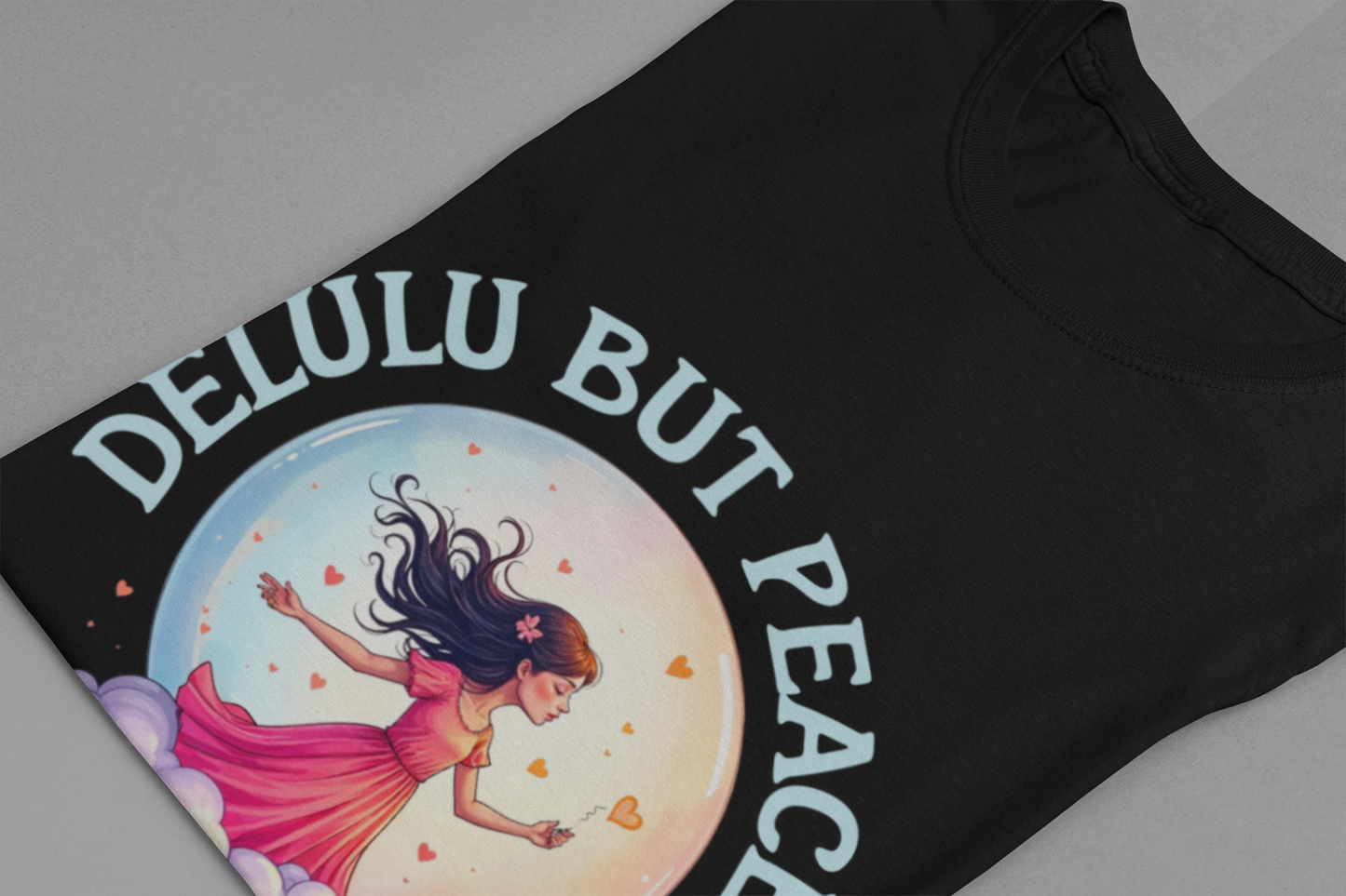 Delulu But Peaceful – Blissfully Unrealistic Floating Girl with Moon & Hearts Graphic T-Shirt