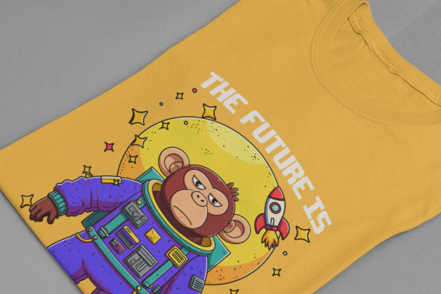 The Future Is Stupid Tshirt – Monkey in Colorful Spacesuit with Stars & Rocket Graphic