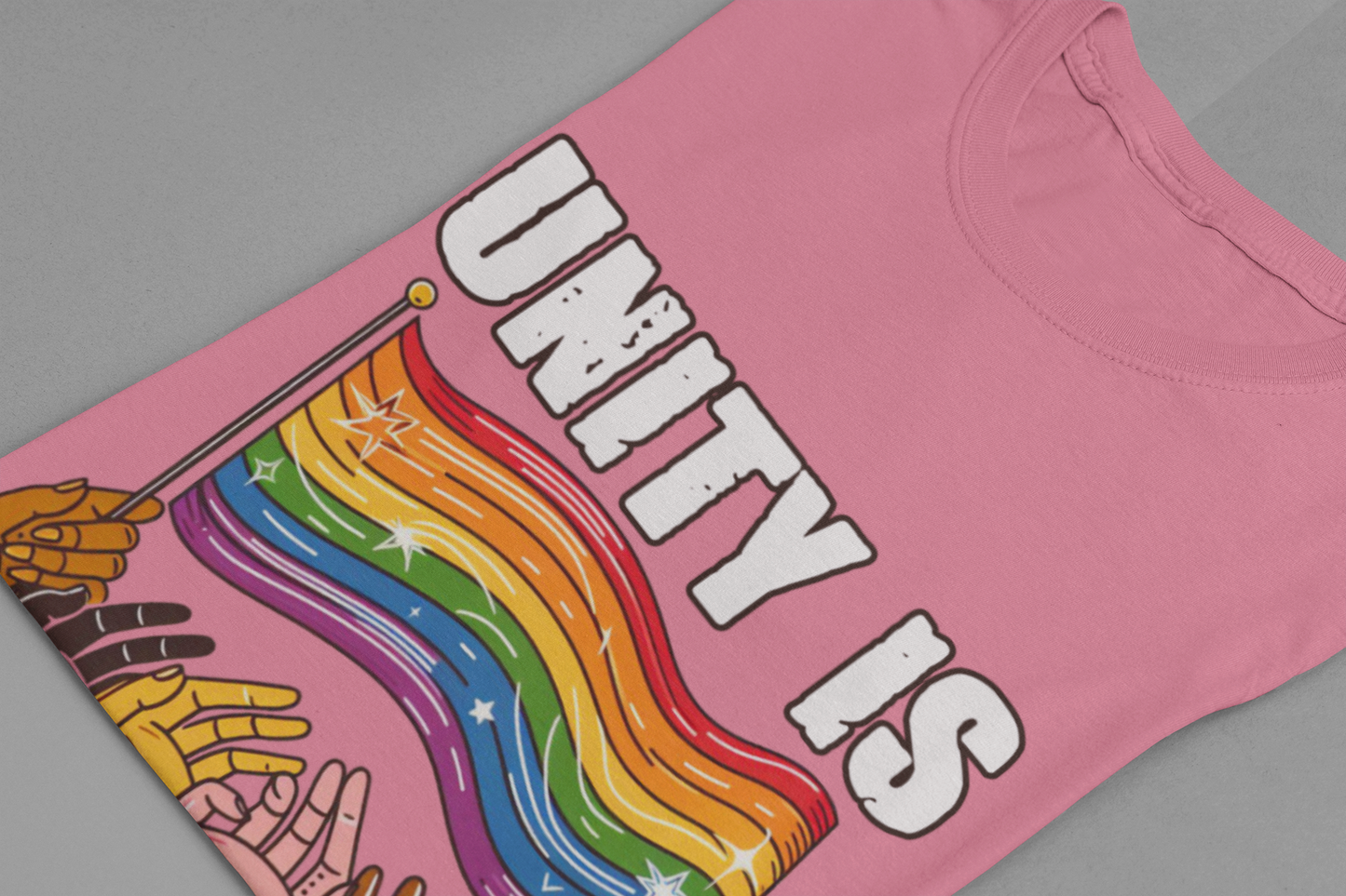 Unity Is Strength – Diverse Hands Holding Pride Flag Graphic T-Shirt