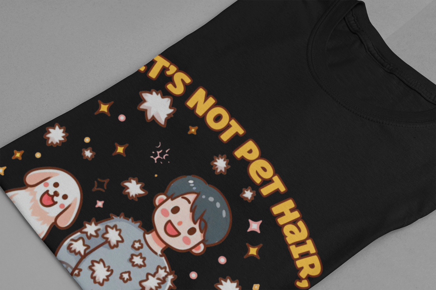 It's Not Pet Hair, It's Fluff Glitter | Smiling Puppy and Boy with Flying Hair & Glitter T-Shirt