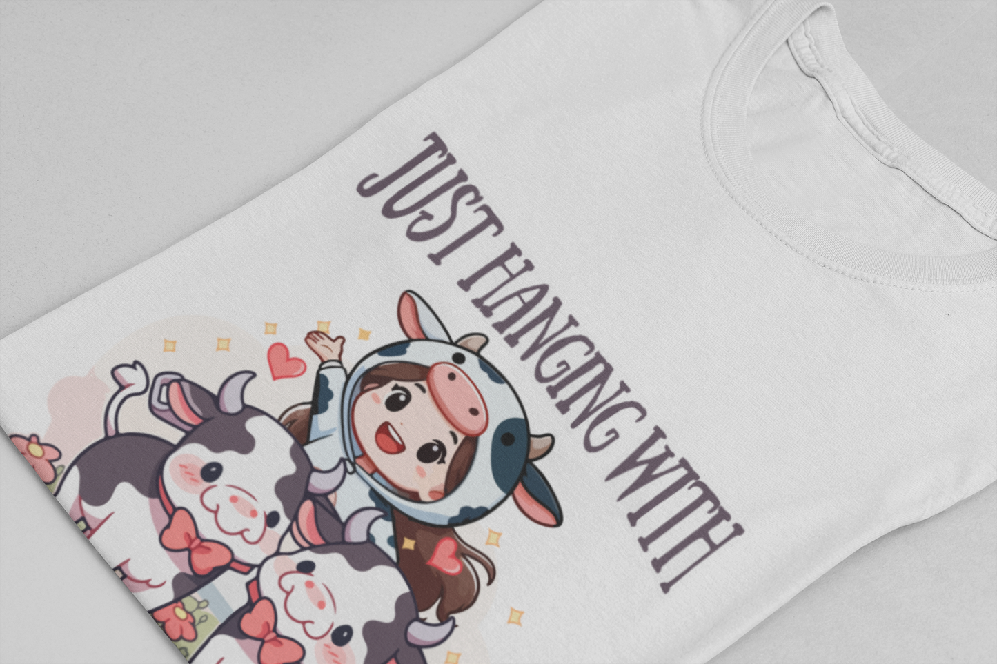 Just Hanging With the Heifers T Shirt – Kid Dressed as Cow with Two Hugging Cows