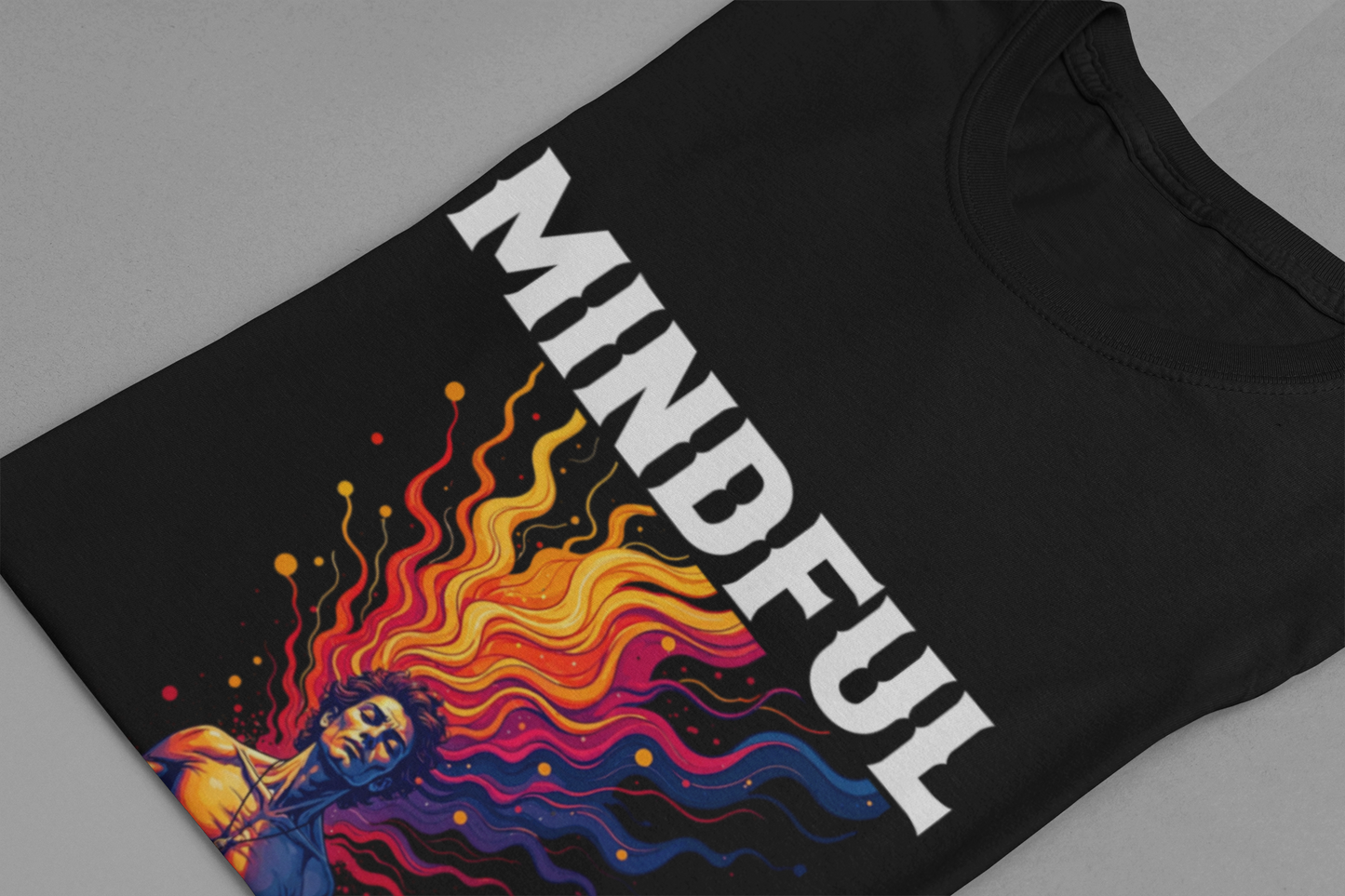 Mindful Mayhem – Meditating Man with Rising Flames Graphic T-Shirt