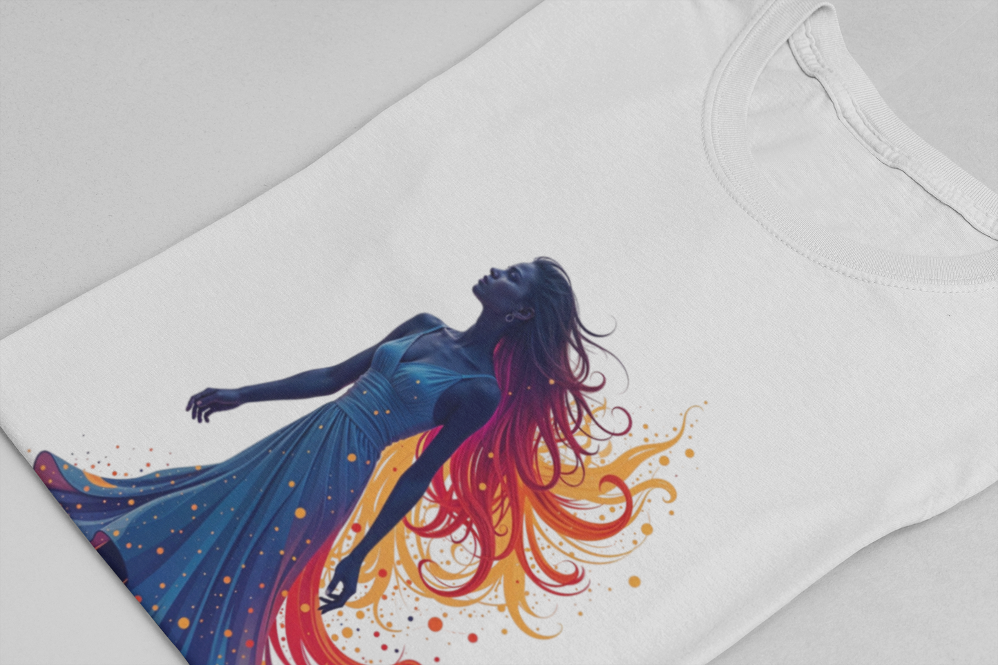 Graceful Woman with Swirling Autumn Aura – Abstract Colorful Swirl Graphic T-Shirt