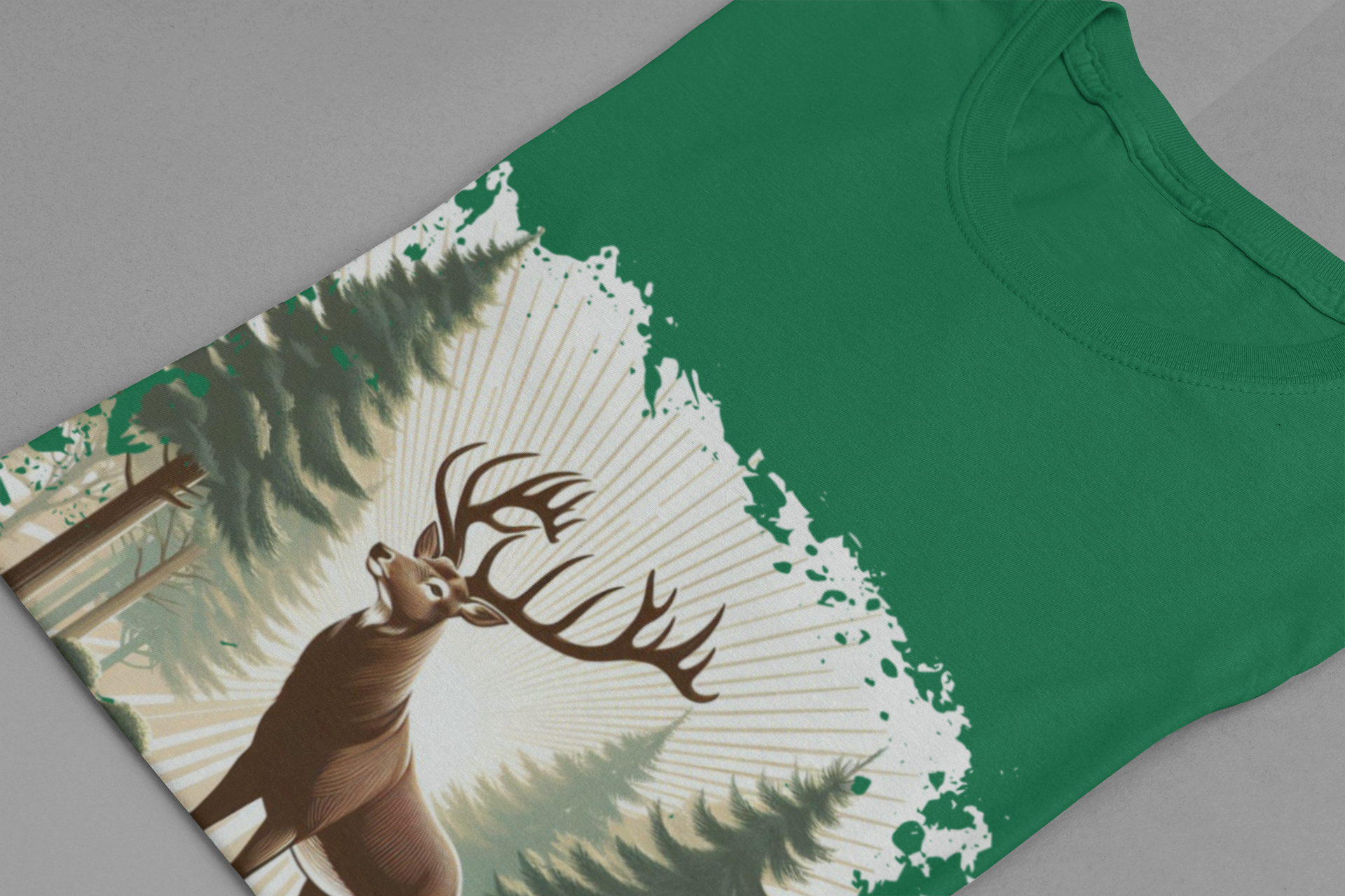 Majestic Deer with Large Antlers | Sunlight Through Foggy Forest Graphic T-Shirt
